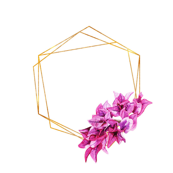 Golden geometric frame with flowers of bougainvillea - Foto, Imagen