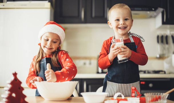Happy bother and sister cooking something in the kitchen while prepare for the xmas holidays wearing santa clothes - Fotografie, Obrázek