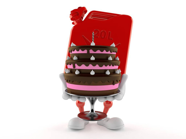 Petrol canister character holding cake isolated on white background. 3d illustration - Photo, Image