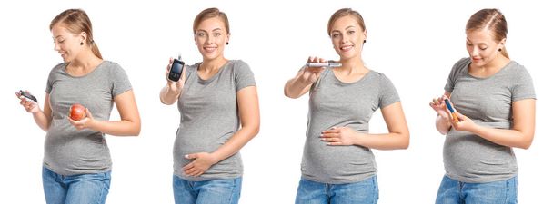 Colagem de mulher diabética grávida no fundo branco - Foto, Imagem