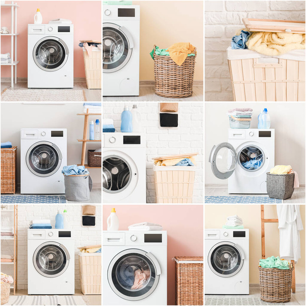Collage di foto con lavatrici moderne e cestini della lavanderia - Foto, immagini
