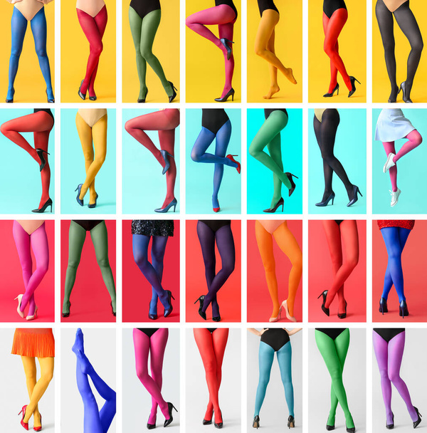 Collage met benen van jonge vrouw in verschillende panty - Foto, afbeelding