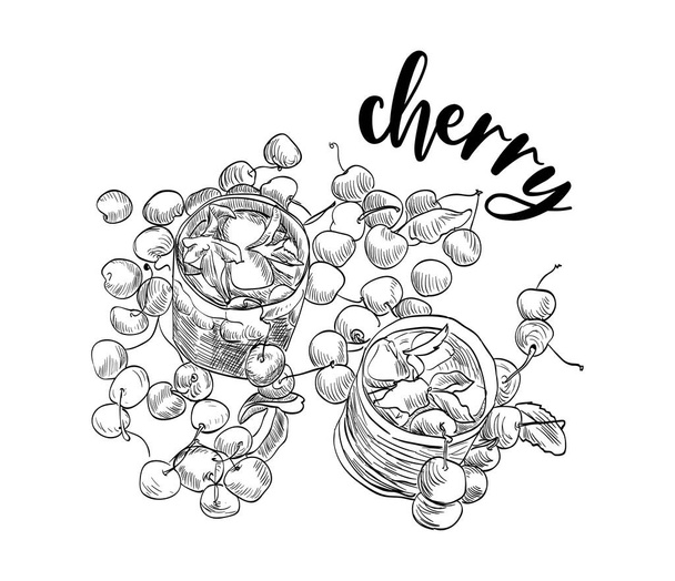 Drawn drink with juicy cherry berries on the table - Vector, Image