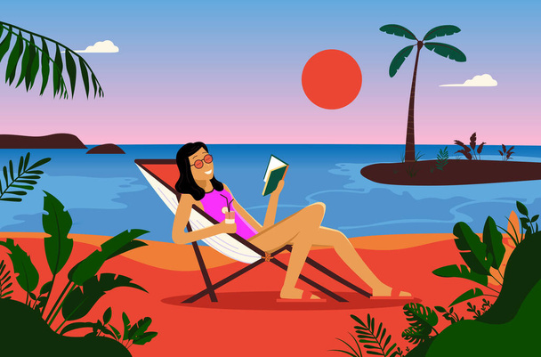 Nő pihentető naplemente a strandon, olvasás egy könyvet, miután egy ital, pihenés, szabadság, nyaralás és utazási koncepció. Pálmafák, homok és óceán a háttérben. Vektorillusztráció. - Vektor, kép