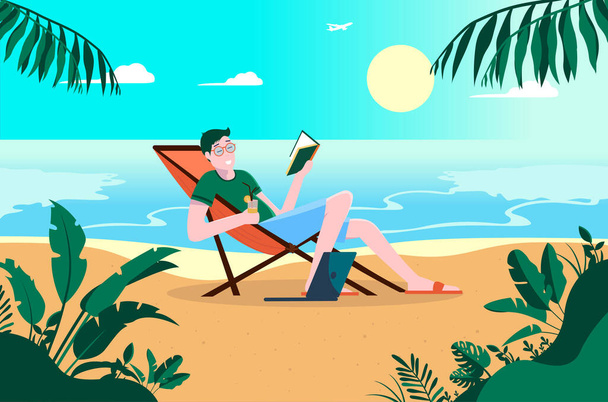 Young man relaxing on a beach, reading a book, having a drink with laptop in sand. Ocean in the background, and the sun is going down. Freedom, recreation and vacation concept. Vector illustration. - Vector, Image