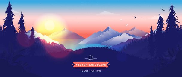 Vector landschap illustratie - Zonsondergang boven prachtige bos, oceaan en bergen omgeving. Vogels vliegen in de lucht, vredige wildernis, mindfulness, meditatie achtergrond. - Vector, afbeelding