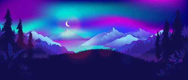Northern lights at night landscape. View from forest to a fjord with mountains and sea. Dancing lights and moon in the sky. Northern nature, traveling, tourism, Norway concept. Vector illustration. - Vector, Image