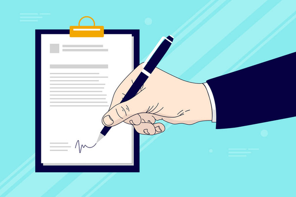 Hand signing document - Signature on a contract, rental paper or a treaty with a clipboard. Vector illustration. - Vector, Image