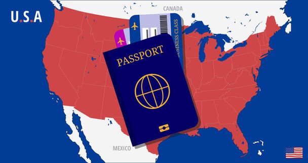 Travel America - Carte des États-Unis avec passeport et deux billets. Carte avec les frontières de l'État en rouge blanc et bleu. Visitez les États-Unis, expérience, concept touristique. Illustration vectorielle. - Vecteur, image