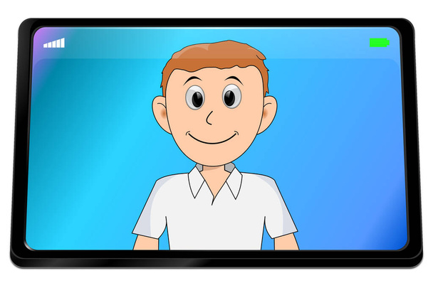 Jeune homme utilisant le chat vidéo sur ordinateur tablette sur bureau bleu illustration 3D - Photo, image