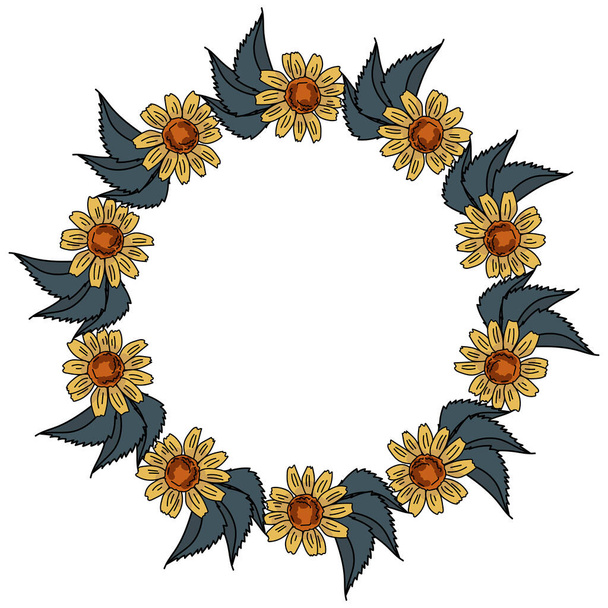 Toorn van geel-oranje bloemen met eenvoudige bloemblaadjes en driedubbele groene bladeren, rond frame van bloeiende planten, vectorillustratie voor design en creativiteit - Vector, afbeelding