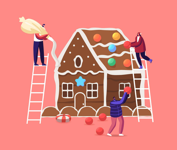 Pequeño macho, personajes femeninos decoran enorme casa de jengibre de Navidad con galletas, crema y dulces. Actividad festiva - Vector, imagen