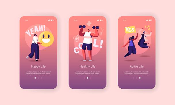 Happy Lifestyle Mobile App Σελίδα επί του σκάφους Πρότυπο οθόνης. Οι άνθρωποι διεξάγουν υγιή, ενεργό και δροσερή ζωή, χαμόγελο Emoji - Διάνυσμα, εικόνα
