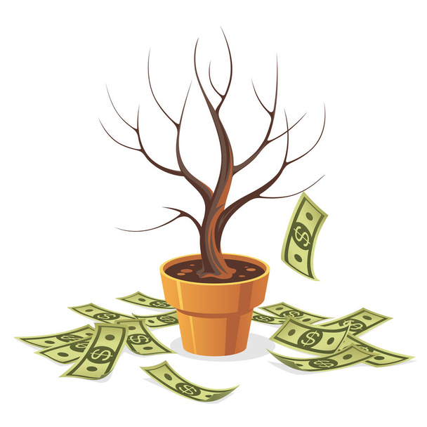 Dying money tree. Fallen Green cash banknotes. Objects isolated on a white background. Cartoon illustration. - Vetor, Imagem