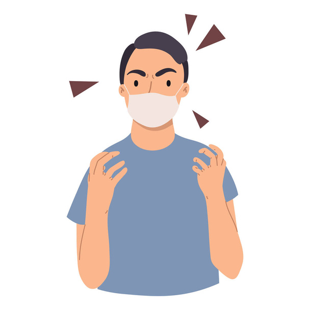 Портреты разъяренного молодого человека в синей футболке с маской для защиты от вируса - Вектор,изображение