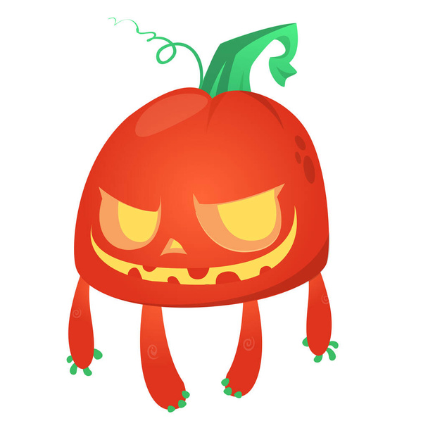 Halloween scarecrow with pumpkin head. Cartoon pumpkin monster with smiling expression. Jack-o-lantern - Vector, Imagen