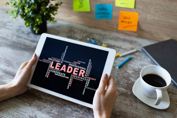 Leader, Leadership concept words cloud, on device screen. - Valokuva, kuva