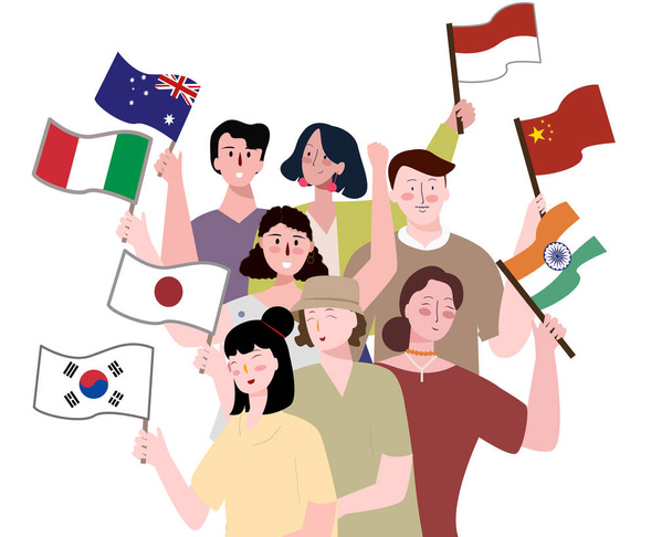 Colaboração entre as pessoas conceito país segurando bandeira nacional branco isolado fundo com estilo cartoon plana - Vetor, Imagem