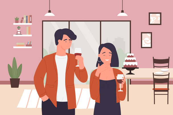 Flirting couple people, cartoon young man woman lover characters spending flirt romantic time - Vector, Image