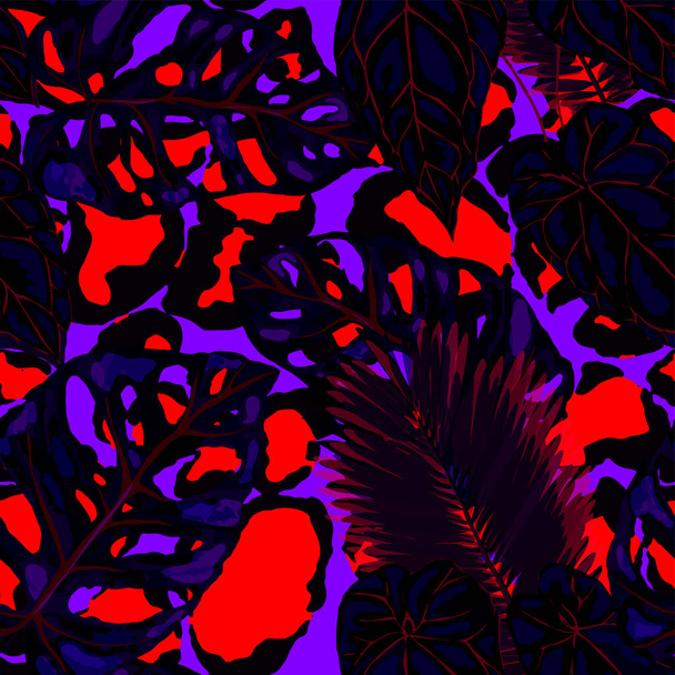 Тропический бесшовный рисунок на животной текстуре. Экзотический летний отпечаток джунглей. Летний тропический лист. Тропический цветочный узор. Цветочная тропическая иллюстрация. Векторный бесшовный шаблон. - Вектор,изображение