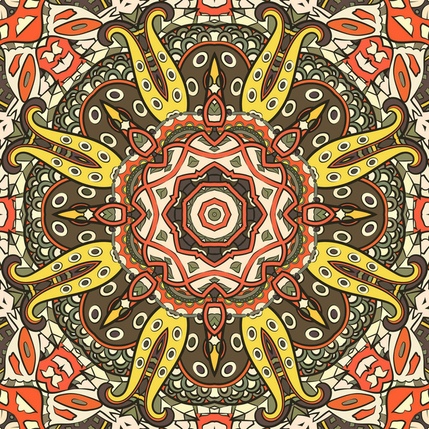 Seamless tracery tile mehndi design. Ethnic ornament, colorful doodle symmetry texture. Folk traditional spiritual tribal design. Curved doodling motif. Color art. Vector - Vektori, kuva