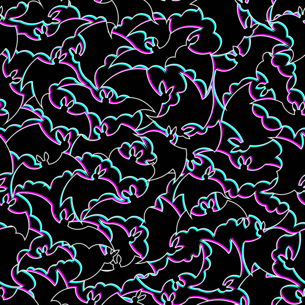 Naadloos ornament, textuur, patroon, achtergrond en sjabloon. Een zwerm zwarte vleermuizen die in verschillende richtingen vliegen. Textuur hoofdkwartier, decor voor Halloween. Ingewikkeld mooi vleermuizen patroon. Vectorvierkant - Vector, afbeelding