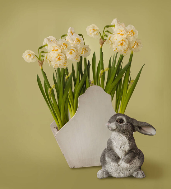Narcisos dobles blancos florecientes y una figura de conejo (producida en masa) sobre un fondo amarillo. Antecedentes para postales. Antecedentes del calendario. - Foto, Imagen