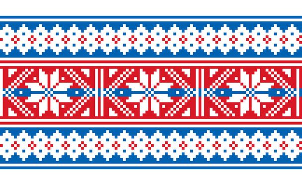 Scottish Fair Isle style traditional knitwear vector seamless pattern, retro long horizontal design with snowflakes. Retro textile folk art background inspired by traditional patterns from Scotalnd, Great Britian in red and navy blue - Vector, afbeelding