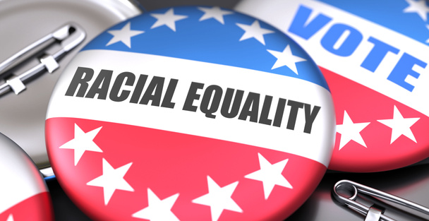Égalité raciale et élections aux États-Unis, illustrées par des boutons de pin-back avec drapeau américain, pour symboliser que l'égalité raciale peut être une partie importante de l'élection, illustration 3D - Photo, image