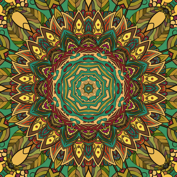 Seamless tracery tile mehndi design. Ethnic ornament, colorful doodle symmetry texture. Folk traditional spiritual tribal design. Curved doodling motif. Color art. Vector - Vektor, Bild