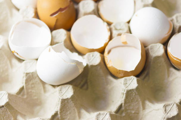 molte uova di guscio sparse nell'uovo di cartone - Foto, immagini