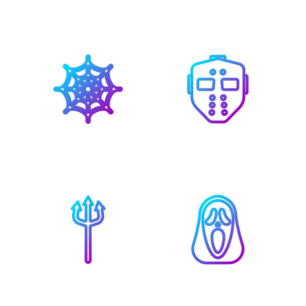 Set line Funny and scary ghost mask, Neptune Trident, Spider web and Hockey. Gradient color icons. Vector. - Vector, Image