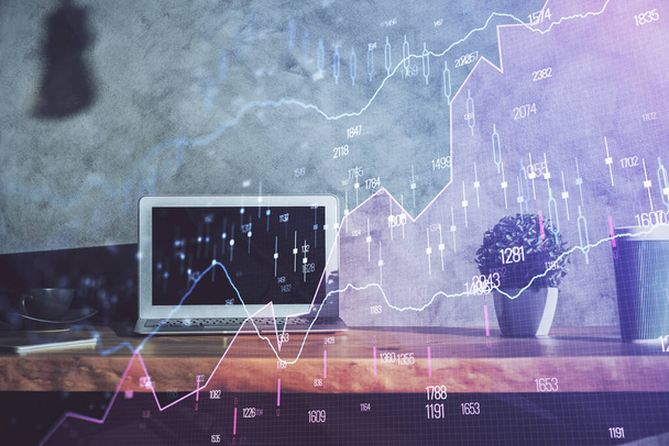 Multi exposure of chart and financial info and work space with computer background. Concept of international online trading. - Foto, Bild