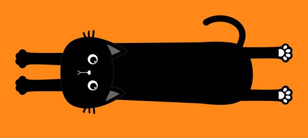 Black cat. Happy Halloween. Cute cartoon baby character. Long body with paw print, tail. Funny face head silhouette. Meow.Kawaii animal. Pet collection. Flat design style. Orange background. Vector - Vector, Imagen