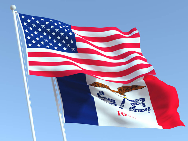 Deux drapeaux des États-Unis et de l'Iowa sur le ciel bleu. Une expérience professionnelle de haute qualité. Illustration 3d - Photo, image
