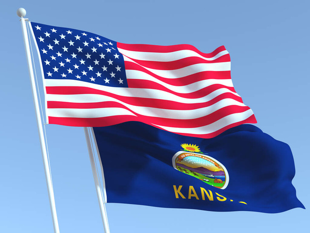 Dos banderas estatales ondeando de Estados Unidos y Kansas en el cielo azul. Fondo de negocio de alta calidad. ilustración 3d - Foto, imagen