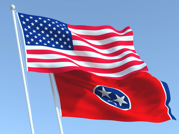 Dos banderas estatales ondeando de Estados Unidos y Tennessee en el cielo azul. Fondo de negocio de alta calidad. ilustración 3d - Foto, imagen