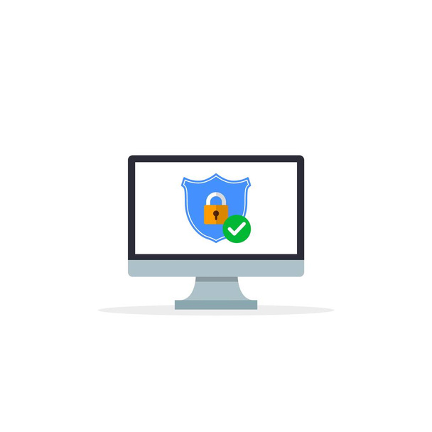 Shield with padlock icon and check mark on computer screen. Antivirus Icon. VPN Security protection. Vector - Vector, Image
