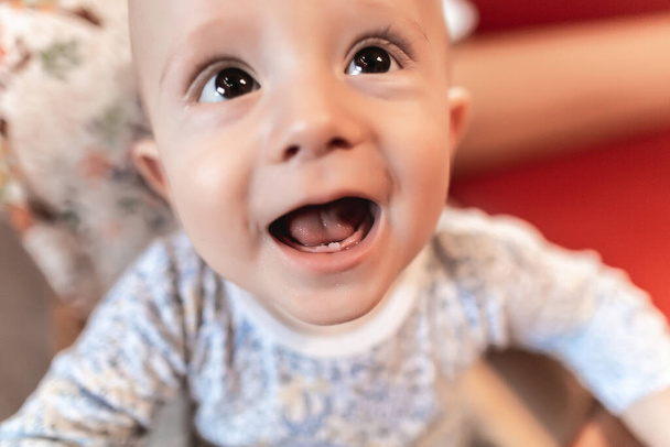 Retrato de bebé Cara de primer plano Primeros dientes de bebé, ojos brillantes. Bebés, ojos oftalmología, curiosidad, felicidad, explorar el mundo, alegría, infancia, psicología conceptos de retrato. - Foto, imagen