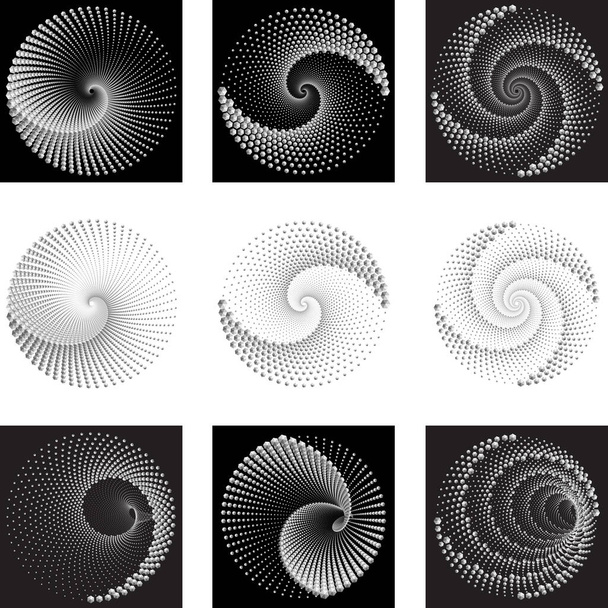 Ensemble de motifs ou de textures en spirale vectorielle en demi-teinte pointillée. Stipple Dot milieux avec hexagones - Vecteur, image