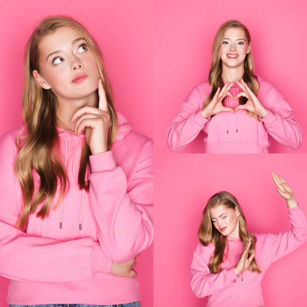 kollázs gyönyörű érzelmi nő kapucnis pulóver rózsaszín háttér - Fotó, kép