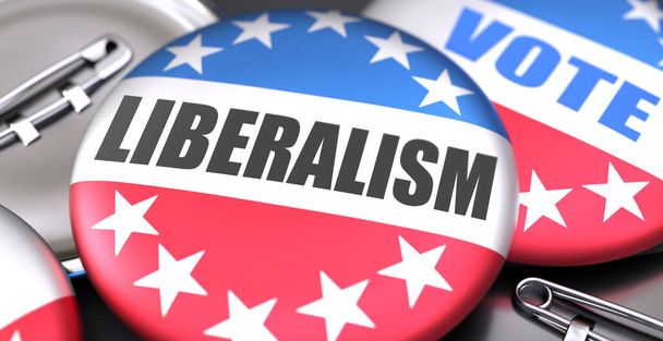 Liberalismo e eleições nos EUA, retratado como botões pin-back com bandeira americana, para simbolizar que o liberalismo pode ser uma parte importante da eleição, ilustração 3d - Foto, Imagem