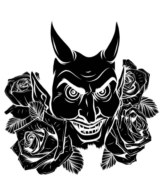 Злое лицо с красными розами. черный силуэт Иллюстрационное векторное изображение - Вектор,изображение