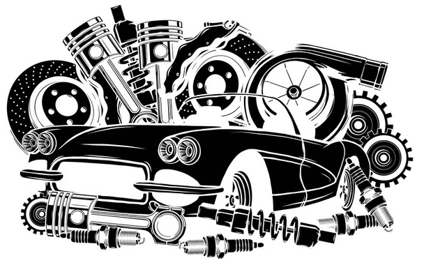 Vektor illusztrációja autó tartalék keret és alkatrészek fekete sziluett - Vektor, kép