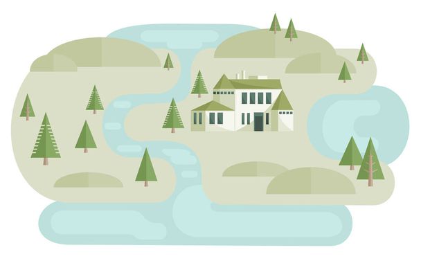 Casa vicino al fiume. Illustrazione del paesaggio con casa tra colline e pini. Elementi della mappa. vettore di stile piatto. - Vettoriali, immagini