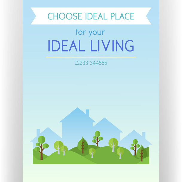 Real estate concept poster template. Abstract idyllic landscape with houses silhouettes and green park. Flat design style. Banners and space for custom text. Vector illustration. - Vector, Image