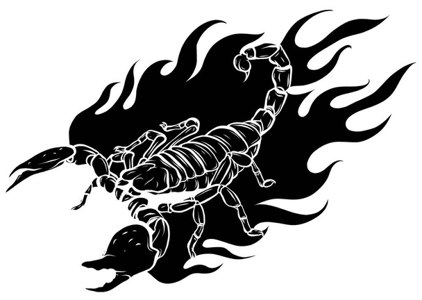 black silhouettescorpion cartoon with flames vector illustration - Vector, Image