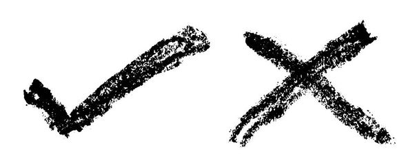 Dibujo a mano de color negro grunge en marca de verificación de forma correcta e incorrecta sobre fondo blanco - Vector, Imagen