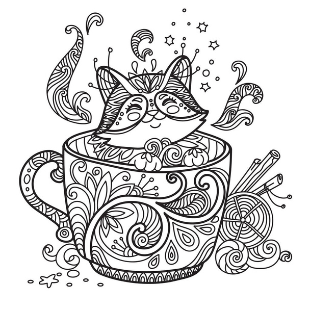 Lijn kunst schattige kat in een kopje. Vector volwassen antistress kleurplaat met dier in wirwar stijl. Vector illustratie voor kleurplaat, print, design, T-shirt print, tattoo, logo. Zendoodle. - Vector, afbeelding