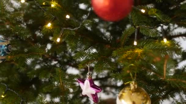 Diverse kerstballen op takken van een kerstboom met bloemenslingers. - Video